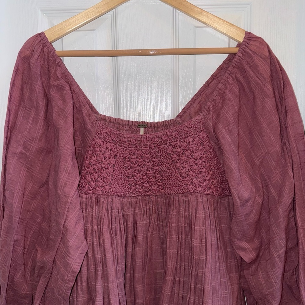 Free People Ari Mini Dress Smocked Babydoll XS Ballon Sleeve Dried Currant Flowy - Picture 5 of 11